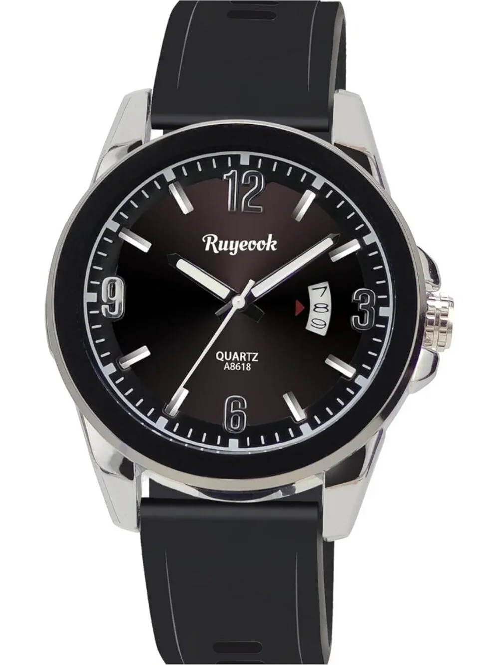 Men's Black Silver Analog Rubber Silicone Band Waterproof Stylish Wrist Watch